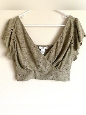 Urban Romantics Olive Eyelet Wrap Crop Top Flutter Sleeve Large
